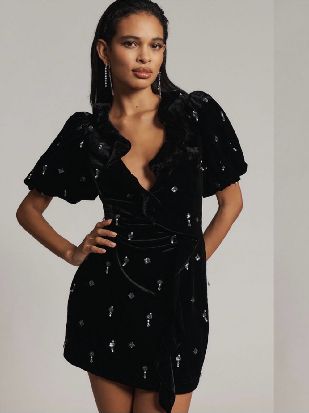Black Velvet Embellished Mini Dress with Puff Sleeves